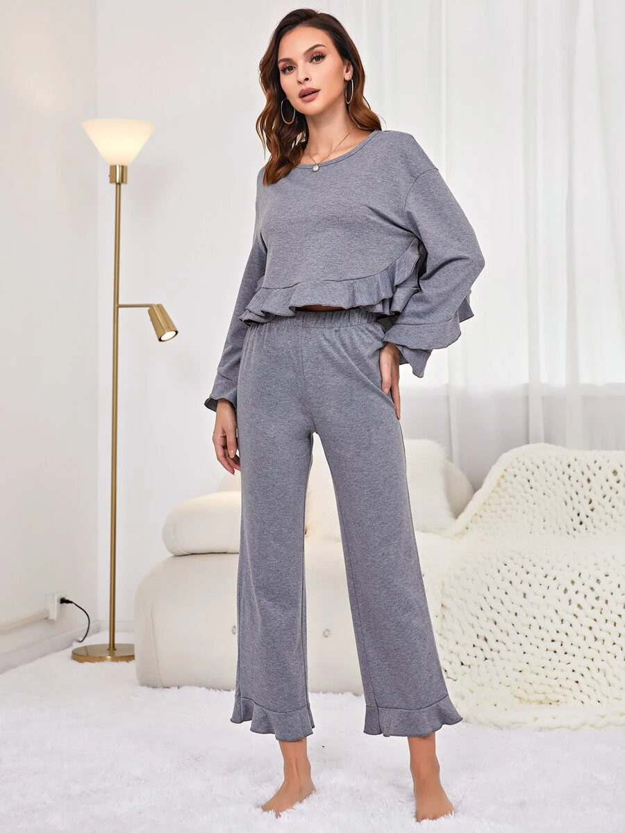 Set homewear de manga con volante bajo con fruncido - Gris - Ver 1