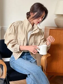 DAZY Zip Up Flap Pocket Puff Sleeve Jacket - Khaki - View 1