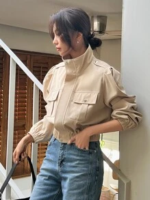 DAZY Zip Up Flap Pocket Puff Sleeve Jacket - Khaki - View 3