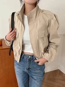 DAZY Zip Up Flap Pocket Puff Sleeve Jacket - Khaki - View 4