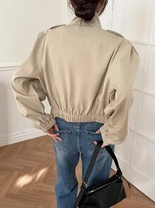 DAZY Zip Up Flap Pocket Puff Sleeve Jacket - Khaki - View 5