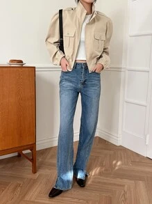 DAZY Zip Up Flap Pocket Puff Sleeve Jacket - Khaki - View 7