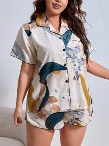 Conjunto de pijama con estampado de dibujo ribete en contraste - Multicolor - Ver 5