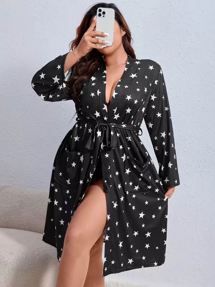 Plus Star Print Belted Robe Without Lingerie Set