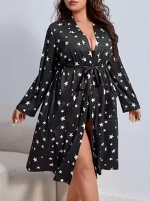 Plus Star Print Belted Robe Without Lingerie Set