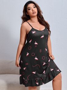 Vestido de dormir de tirantes con estampado de flamenco bajo con fruncido - Negro - Ver 1