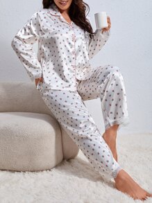 Conjunto de pijama con estampado de lunares con encaje en contraste de satén - Blanco - Ver 1