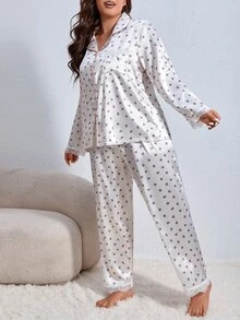 Conjunto de pijama con estampado de lunares con encaje en contraste de satén - Blanco - Ver 4