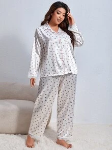 Conjunto de pijama con estampado de lunares con encaje en contraste de satén - Blanco - Ver 5