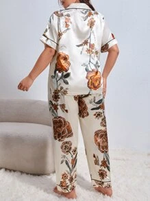 Plus Floral Print Contrast Piping Satin PJ Set With Eye Cover - Champagne - View 2