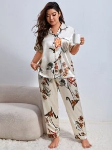 Plus Floral Print Contrast Piping Satin PJ Set With Eye Cover - Champagne - View 3