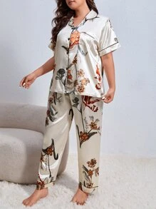 Plus Floral Print Contrast Piping Satin PJ Set With Eye Cover - Champagne - View 5