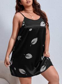 Plus Leaf Print Cami Nightdress - Black - View 3