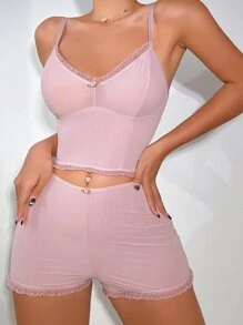 Snug Zone 生菜花边吊带上衣和短裤 睡衣套装/睡衣套装 休闲套装 - 藕粉色 - 查看 5