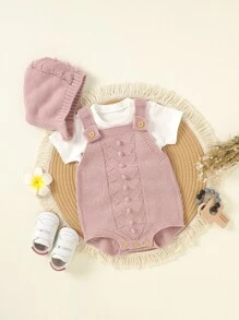 Baby Button Detail Knit Bodysuit With Accessory Hat Without Tee - Pink - View 1