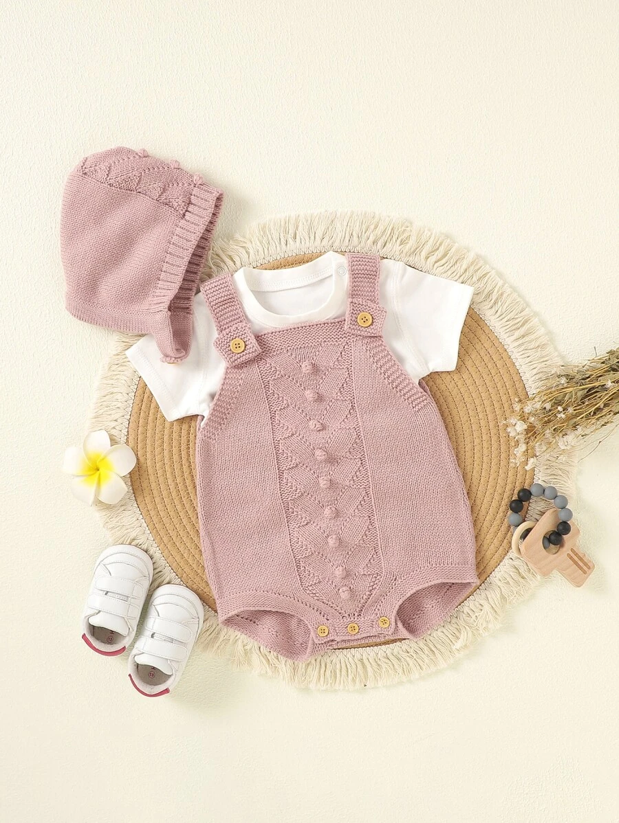 Baby Button Detail Knit Bodysuit With Accessory Hat Without Tee - Pink - View 1
