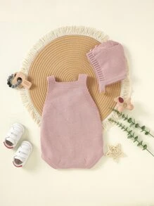 Baby Button Detail Knit Bodysuit With Accessory Hat Without Tee - Pink - View 2