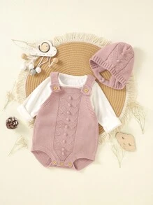 Baby Button Detail Knit Bodysuit With Accessory Hat Without Tee - Pink - View 4