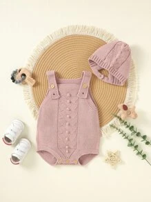Baby Button Detail Knit Bodysuit With Accessory Hat Without Tee - Pink - View 5