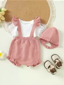 Bebé ribete con fruncido tejido tirantes Shorts & Accesorio Sombrero sin camiseta - Rosa vieja - Ver 1