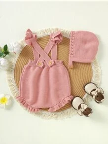 Bebé ribete con fruncido tejido tirantes Shorts & Accesorio Sombrero sin camiseta - Rosa vieja - Ver 2