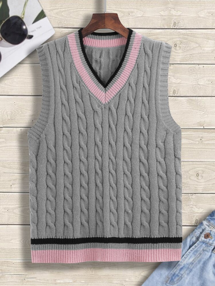 Manfinity Men Cable Knit Striped Trim Sweater Vest | SHEIN USA