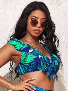 Top bikini con estampado tropical con nudo delantero - Multicolor - Ver 4