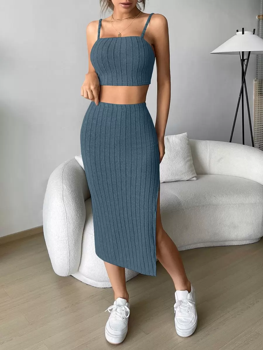 SHEIN EZwear 素色吊帶上衣和高衩半身裙 - 水鴨藍 - 查看 1