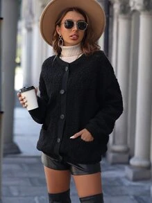 SHEIN LUNE Abrigo teddy con doble bolsillo de hombros caídos - Negro - Ver 6