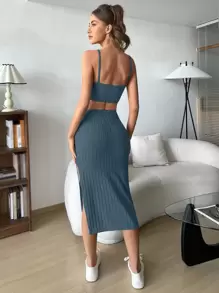 SHEIN EZwear 素色吊帶上衣和高衩半身裙 - 水鴨藍 - 查看 2