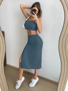 SHEIN EZwear 素色吊帶上衣和高衩半身裙 - 水鴨藍 - 查看 3