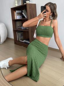 SHEIN EZwear Solid Cami Top & Split Thigh Skirt - Green - View 4