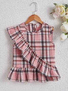 SHEIN Girls Plaid Print Ruffle Trim Peplum Blouse - Multicolor - View 1
