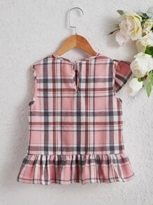 SHEIN Girls Plaid Print Ruffle Trim Peplum Blouse - Multicolor - View 2