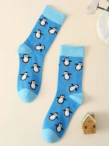 Men Cartoon Penguin Pattern Crew Socks, Fall Socks - Multicolor - View 2