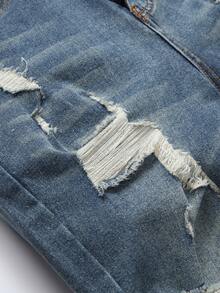 Manfinity LEGND Men Cotton Ripped Frayed Hem Denim Shorts - Dark Wash - View 4