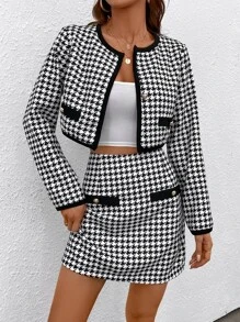 SHEIN Essnce 千鳥格印花前紐扣短夾克和半身裙 - 黑與白 - 查看 1