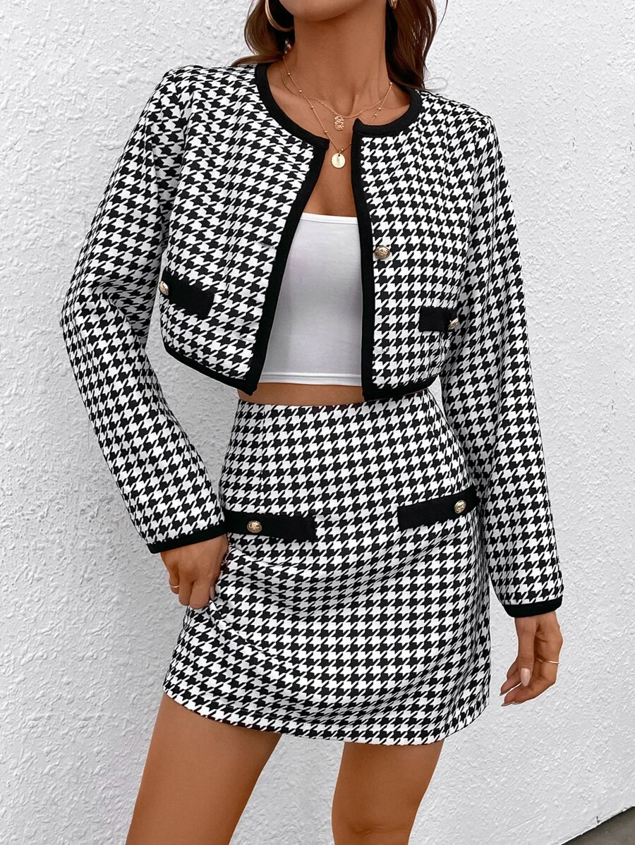 SHEIN Essnce 千鳥格印花前紐扣短夾克和半身裙 - 黑與白 - 查看 1