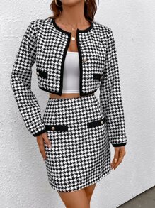 SHEIN Essnce 千鳥格印花前紐扣短夾克和半身裙 - 黑與白 - 查看 3