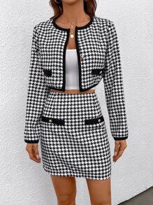 SHEIN Essnce 千鳥格印花前紐扣短夾克和半身裙 - 黑與白 - 查看 4