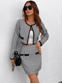 SHEIN Essnce 千鳥格印花前紐扣短夾克和半身裙 - 黑與白 - 查看 6