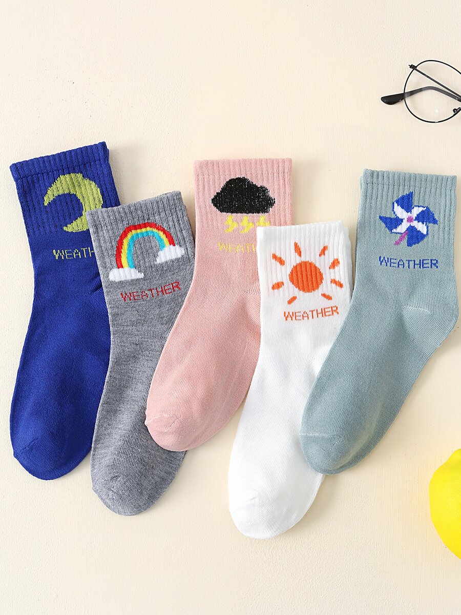5pairs Rainbow & Letter Graphic Crew Socks - Multicolor - View 1