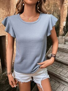 SHEIN LUNE Butterfly Sleeve Waffle Knit Tee - Blue - View 3