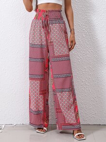 SHEIN VCAY 幾何和佩斯利印花腰上打結闊腿褲