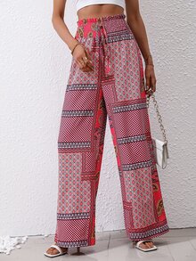 SHEIN VCAY 幾何和佩斯利印花腰上打結闊腿褲