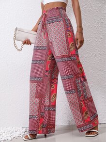 SHEIN VCAY 幾何和佩斯利印花腰上打結闊腿褲