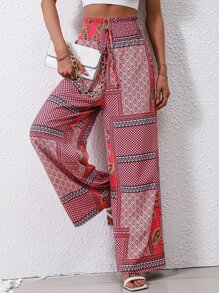 SHEIN VCAY 幾何和佩斯利印花腰上打結闊腿褲