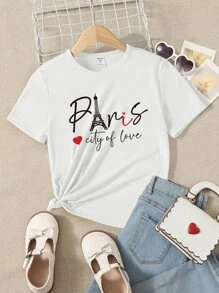 SHEIN Tops con gái Tim Slogan Giải trí - trắng - Xem 1