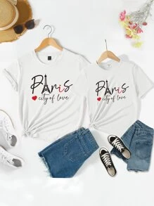 SHEIN Tops con gái Tim Slogan Giải trí - trắng - Xem 3