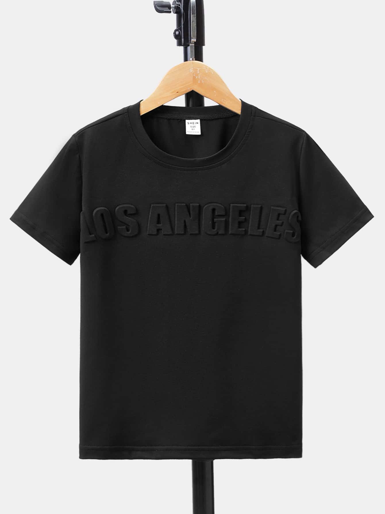 SHEIN 男大童休閒透氣舒適寬鬆T恤帶字母圖案 - 黑色 - 查看 1